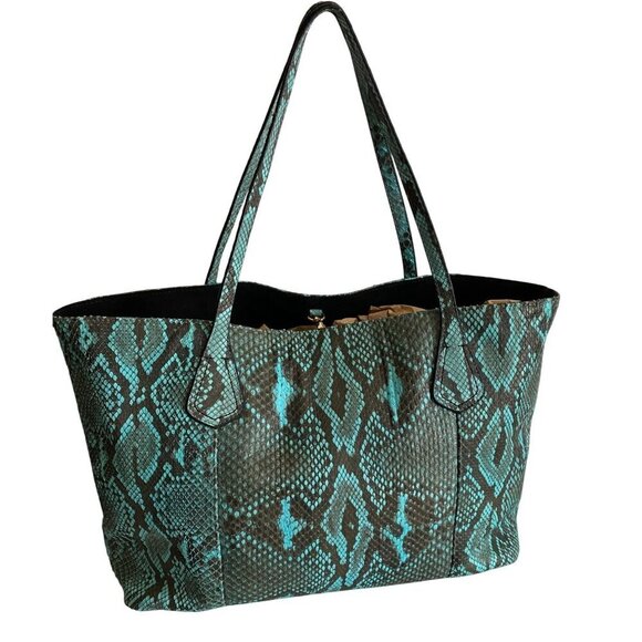 Lucchese Python Tote Bag Turquoise Leather Black Reptile Western Coastal Cowgirl - Picture 5 of 16